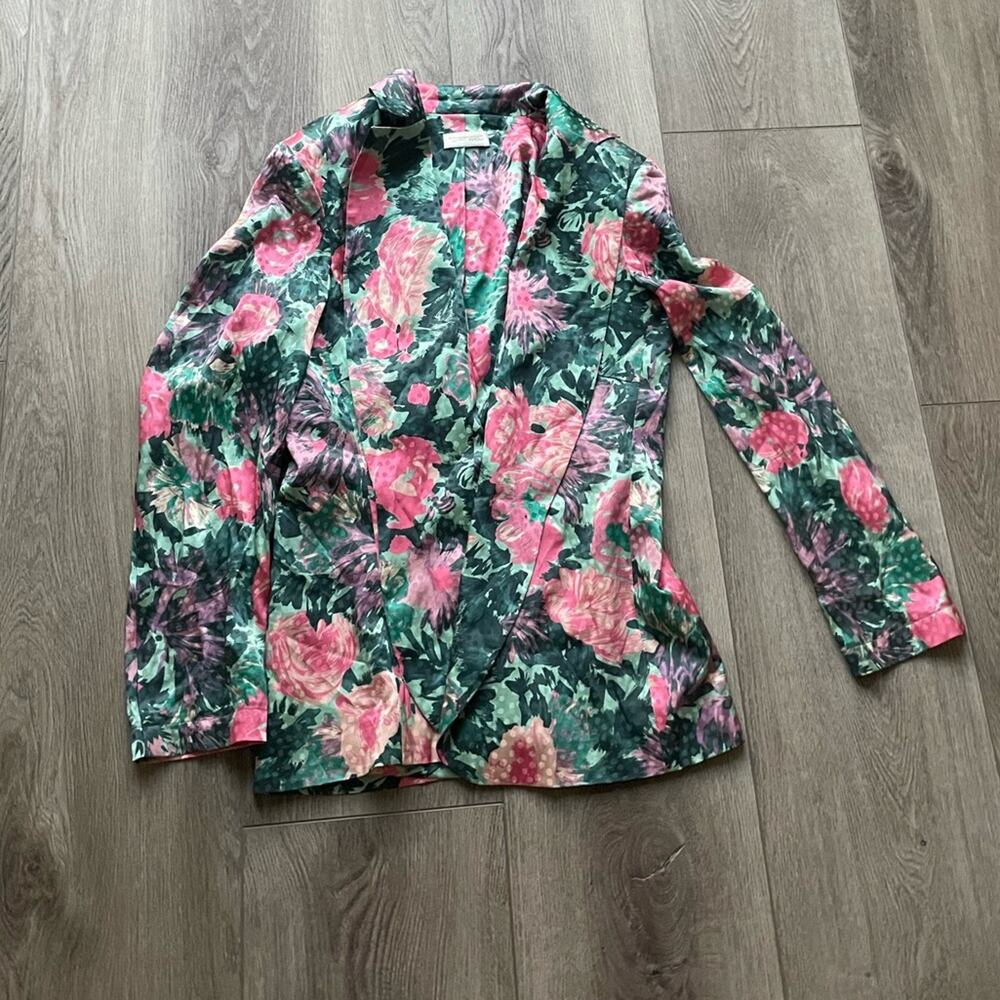 ronny kobo floral satin jacquard silk blend padded shoulders lapel light blazer